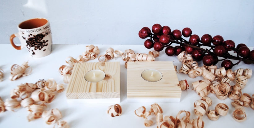 Wooden tea light candle holder pinewood set of 2 pieces