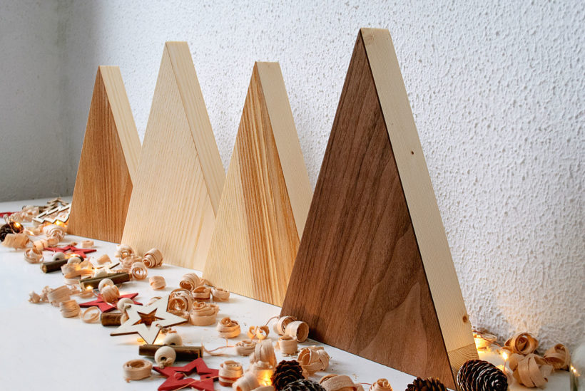 Handmade Wood Christmas Trees Decoration, Set Of 4, Elm-Walnut-Olive-Ash