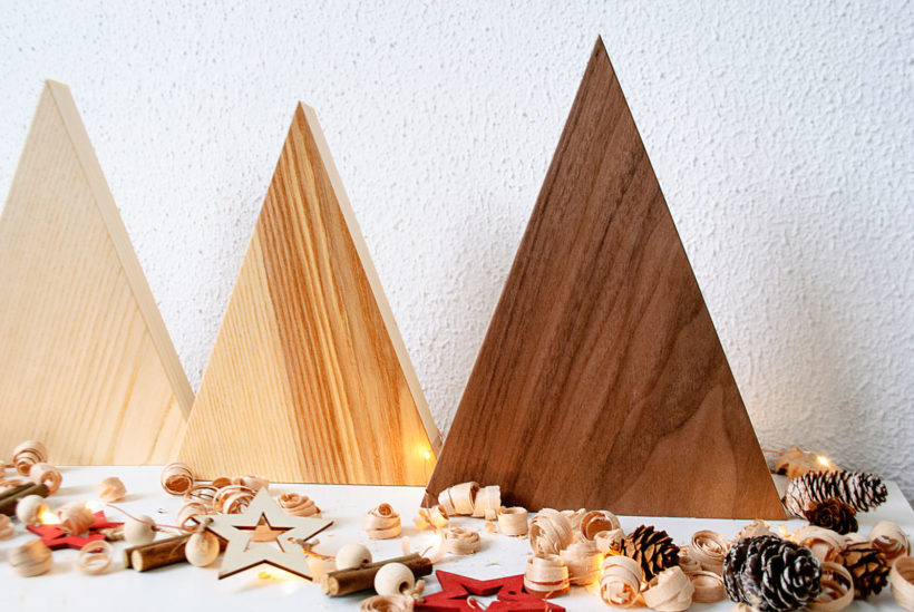 Handmade Wood Christmas Trees Decoration, Set Of 4, Elm-Walnut-Olive-Ash