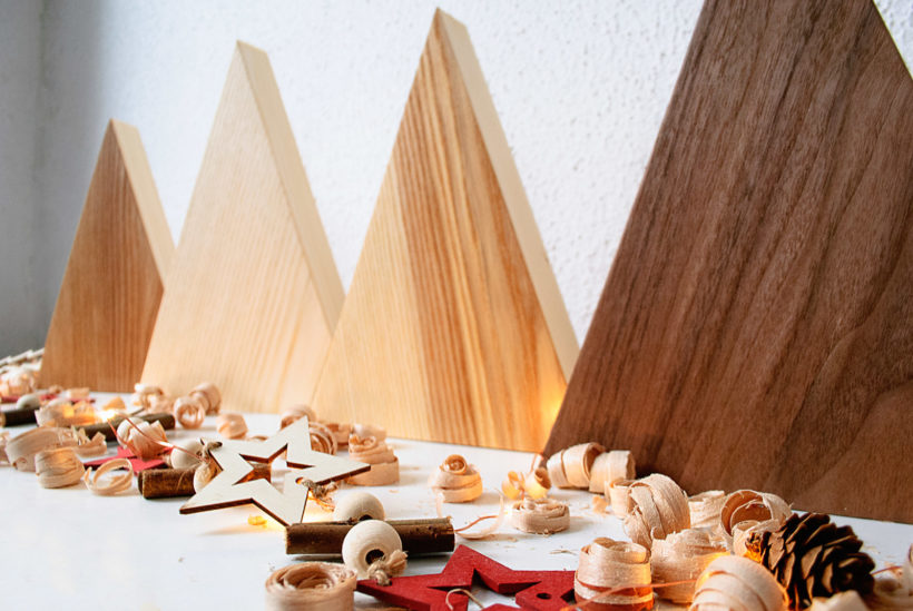 Handmade Wood Christmas Trees Decoration, Set Of 4, Elm-Walnut-Olive-Ash