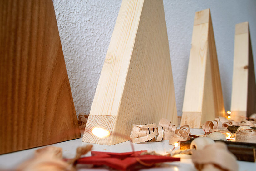 Handmade Wood Christmas Trees Decoration, Set Of 4, Elm-Walnut-Olive-Ash