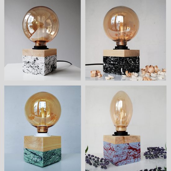 Χειροποίητο Ξύλινο Επιτραπέζιο Φωτιστικό 'Edison Cube Spruce Splashes'