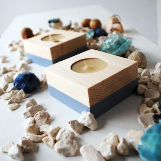 Wooden tea light candle holder spruce set of 2 pieces – paint blue-grey Wooden tea light candle holder spruce set of 2 pieces – paint blue-grey