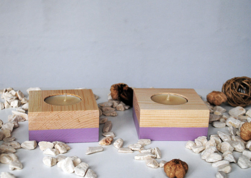 Wooden tea light candle holder spruce set of 2 pieces – paint violet