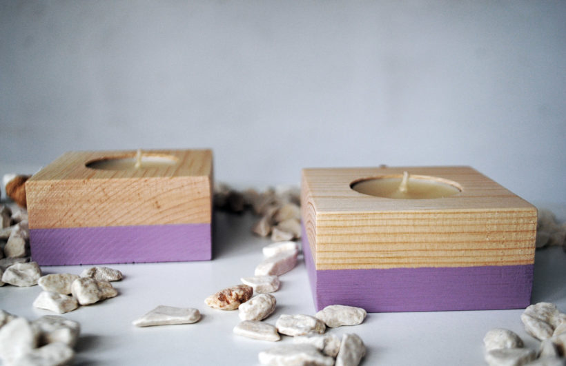 Wooden tea light candle holder spruce set of 2 pieces – paint violet