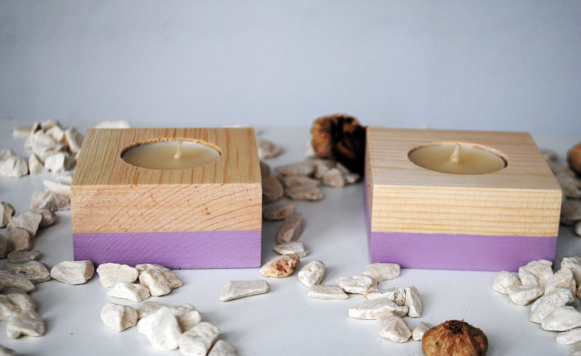 Wooden tea light candle holder spruce set of 2 pieces – paint violet