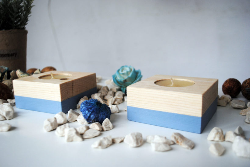 Wooden tea light candle holder spruce set of 2 pieces – paint blue-grey Wooden tea light candle holder spruce set of 2 pieces – paint blue-grey