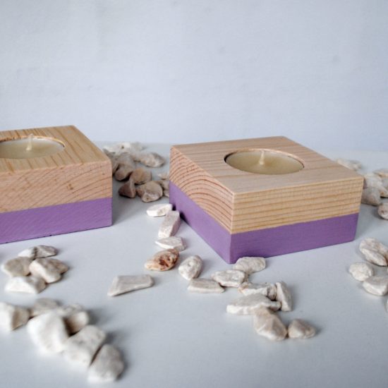 Wooden tea light candle holder spruce set of 2 pieces – paint violet Wooden tea light candle holder spruce set of 2 pieces – paint violet