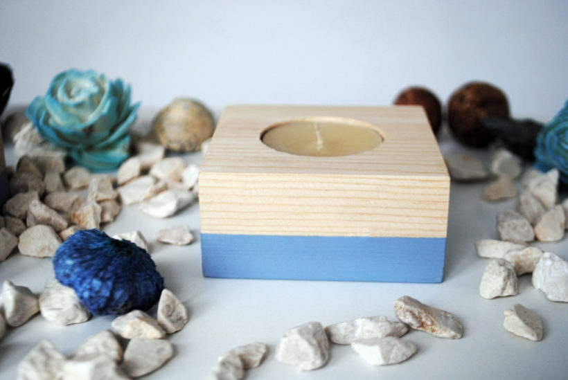 Wooden tea light candle holder spruce set of 2 pieces – paint blue-grey Wooden tea light candle holder spruce set of 2 pieces – paint blue-grey