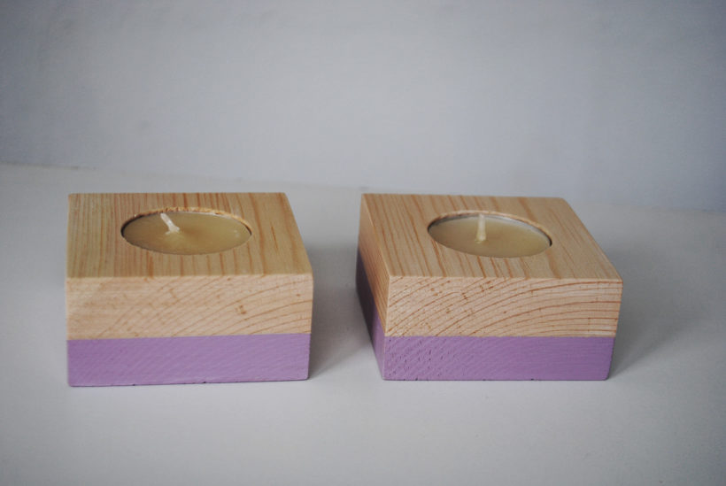 Wooden tea light candle holder spruce set of 2 pieces – paint violet